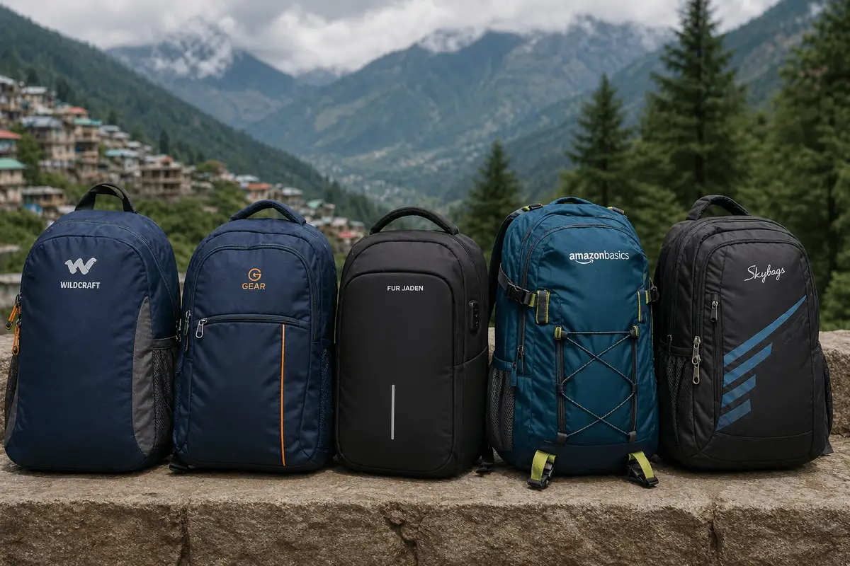 Backpacks on a scenic stoneledge
