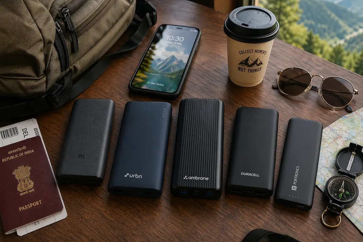 Travel Essentials on wooden desk
